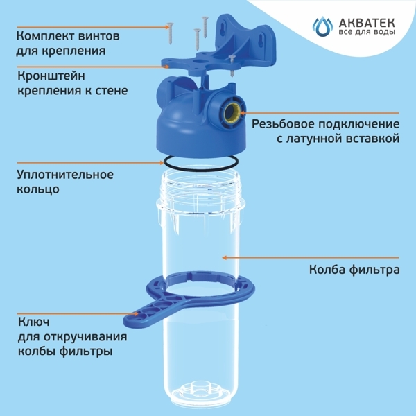 Фильтр магистральный для холодной воды, без картриджа (прозрачный корпус ПЭТ 10") 1